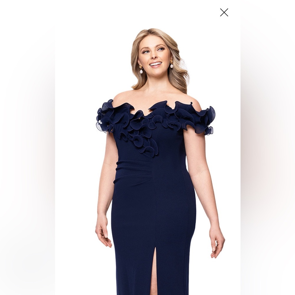 Xscape Strapless Navy Blue Strapless Gown - Picture 2 of 5